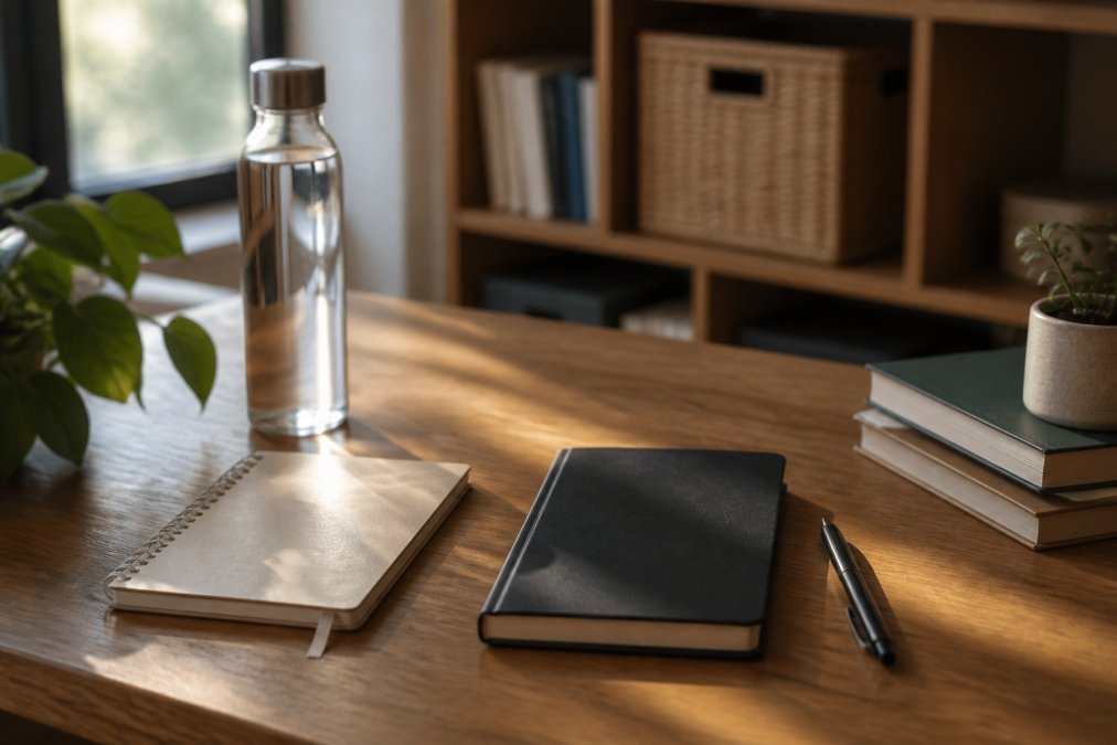 A clean, organized desk with a water bottle, journal, and pen placed visibly, demonstrating an environment designed to reduce friction for habit execution