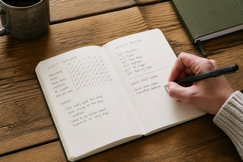 A person's hand writing in a physical habit tracker notebook with a pen, showing checked boxes, partial marks, and handwritten notes on paper