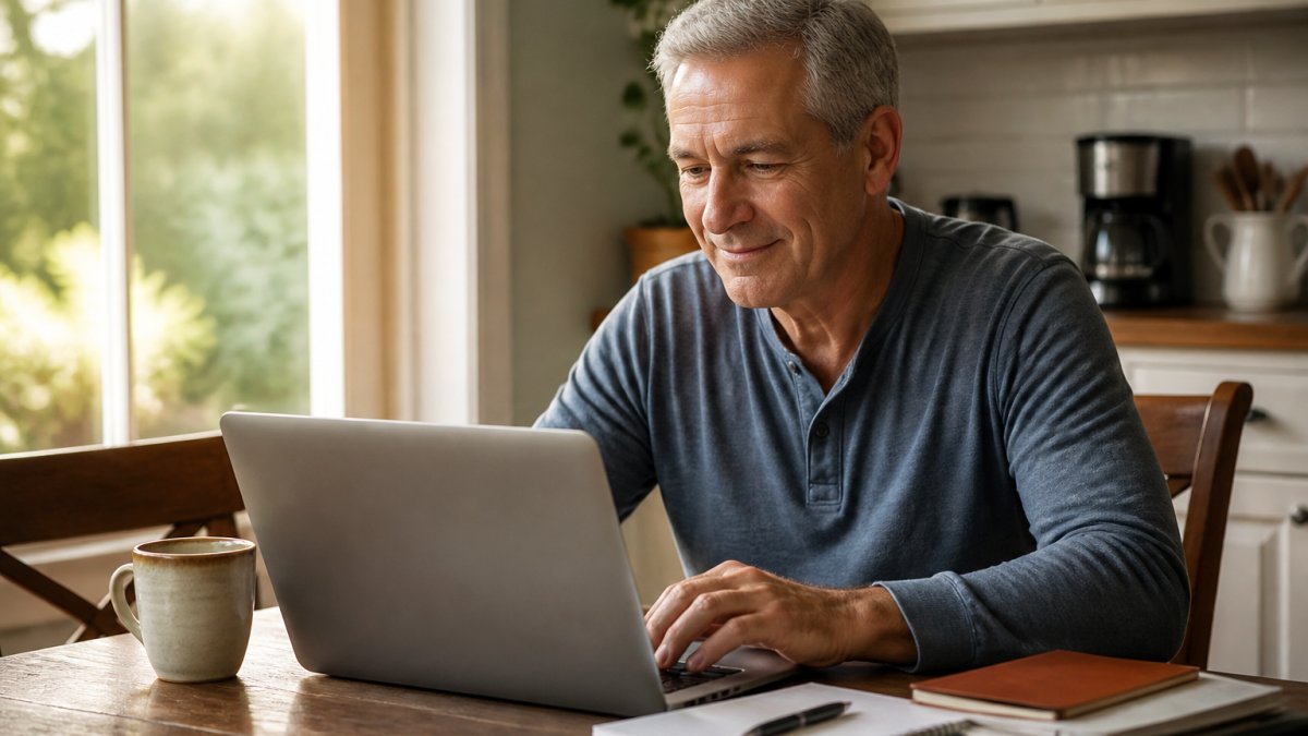 Infographic showing a two-hour daily workflow for generating income after 55 using a laptop at home.