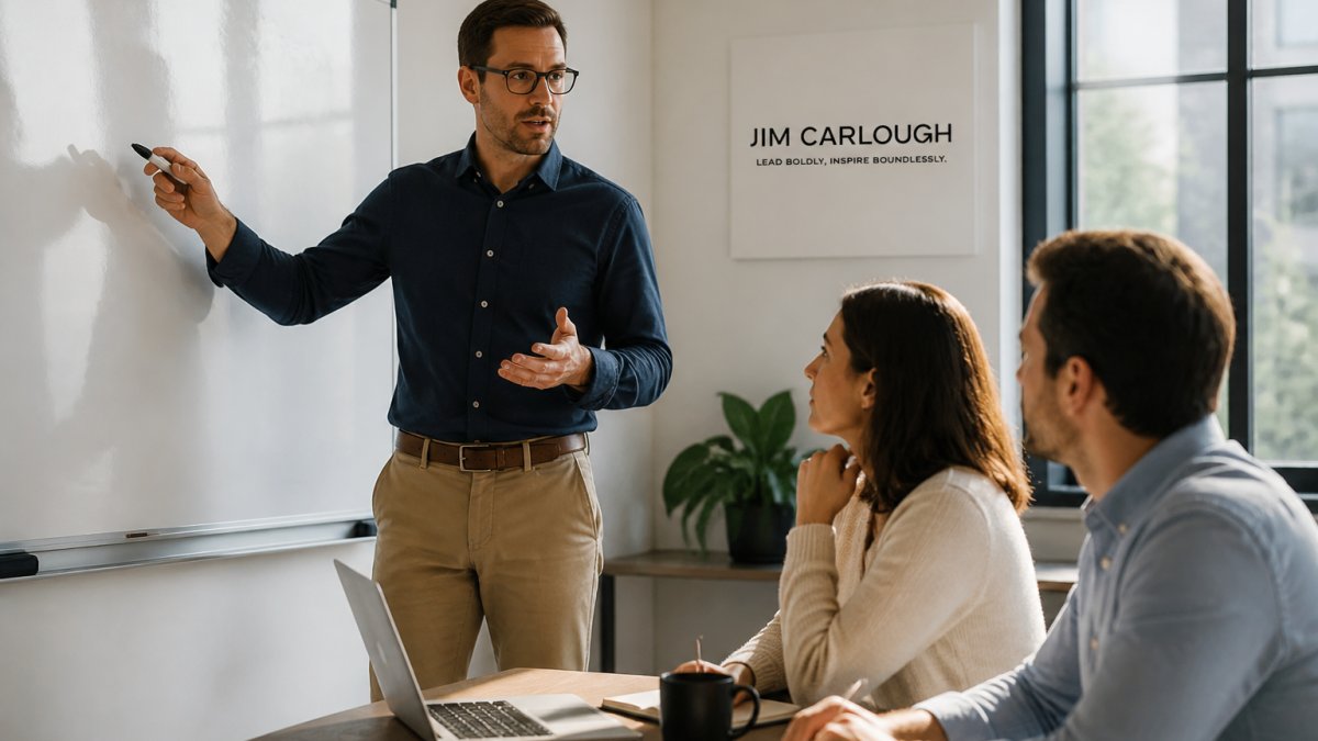 Professional explaining a strategy on a whiteboard to build influence among colleagues in a modern office.
