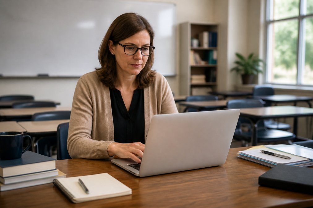 A teacher sitting at a desk with a laptop open, creating a digital quiz, with a whiteboard and student desks visible in the naturally lit classroom background