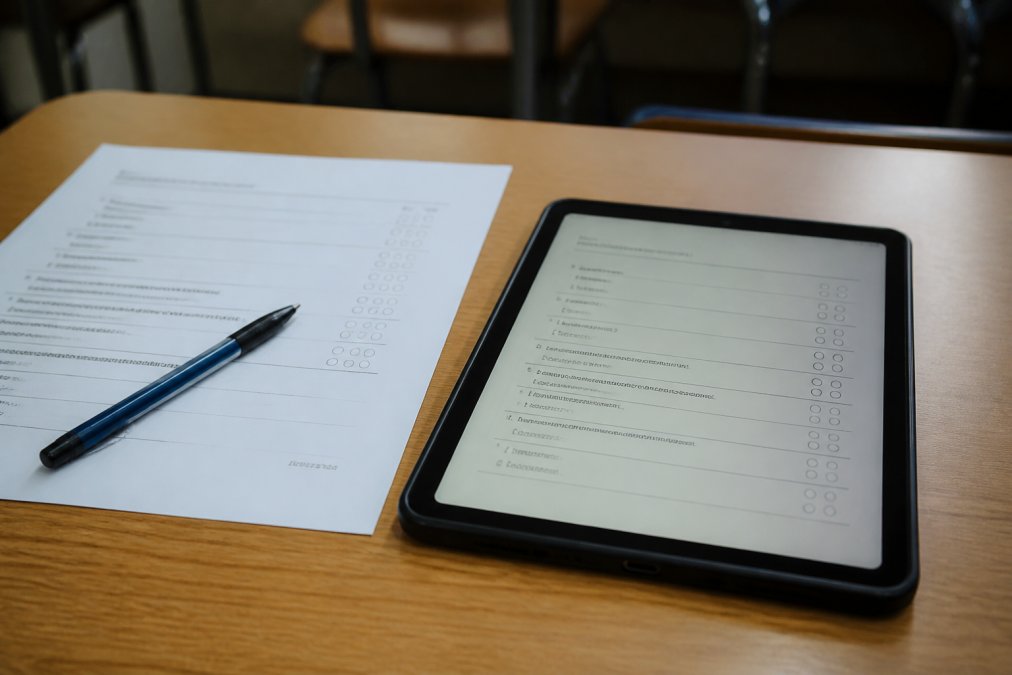 Close-up of a printed exam paper placed next to a tablet displaying a digital version of the same assessment on a wooden school desk under warm classroom lighting