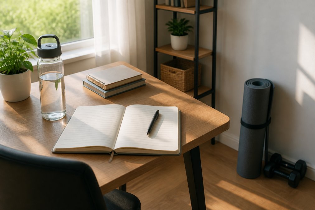 Clean, organized workspace with a water bottle, open journal with pen, exercise mat rolled neatly in corner, and minimal clutter on desk surface in natural morning light