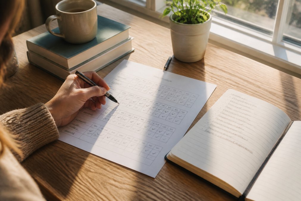 Person's hand holding pen over a printed habit tracking calendar with several weeks of marked days visible, journal entry notes beside it, warm afternoon light from window