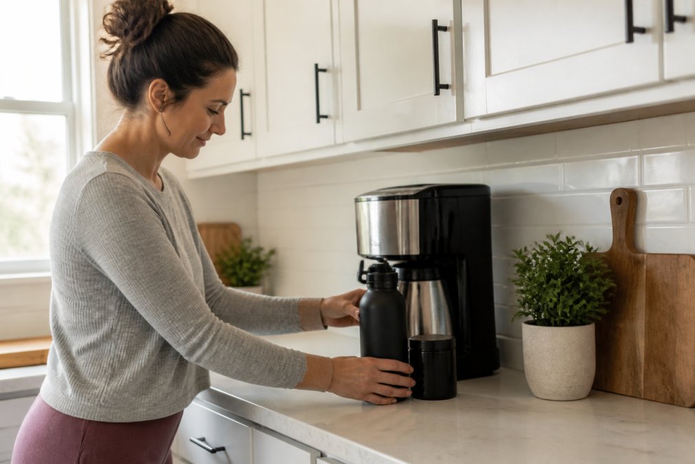 Woman placing a water bottle near her coffee maker as part of her healthy habits morning routine.