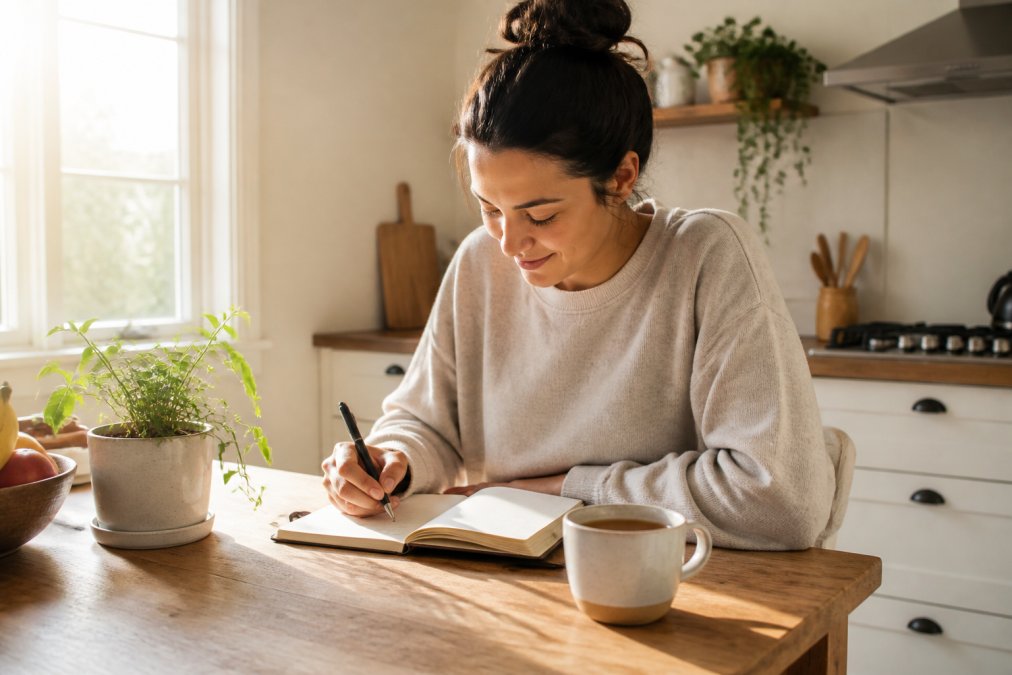 A person in comfortable loungewear writing in a journal at a bright kitchen table with a mug of tea and a small plant nearby, morning light coming through the window