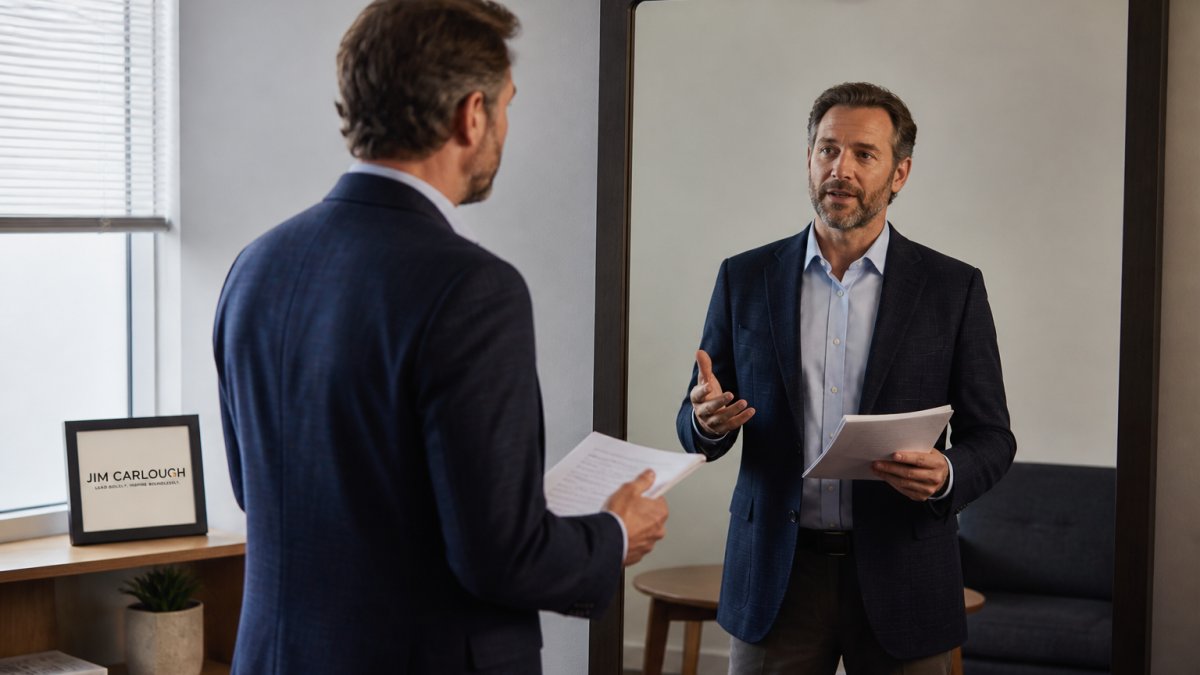 A mid-level manager practicing a presentation in front of a mirror in a quiet office, notes in hand, focused and calm expression