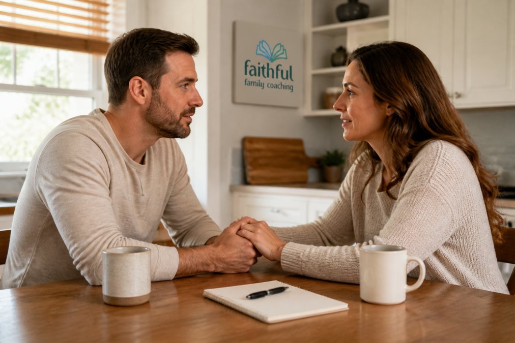 A married couple sitting at a kitchen table facing each other, holding hands and talking calmly, with coffee mugs and a notebook nearby in warm morning light
