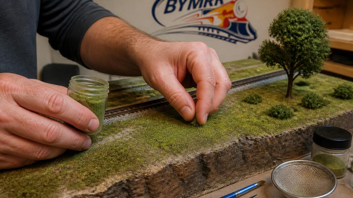 Hands applying green grass fibers to model railroad scenery terrain in a workshop