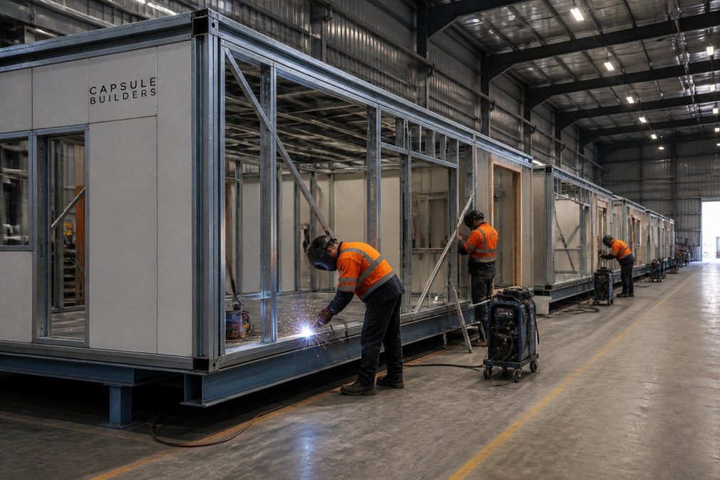 Factory interior showing steel-framed modular sections being assembled on a production line, with workers in high-visibility safety gear welding frames and installing wall panels under bright industrial lighting