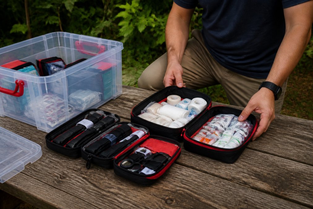 A person kneeling beside a clear modular first aid kit on a wooden table, with labeled pouches spread out showing trauma supplies, bandages, and medications, outdoors with natural lighting