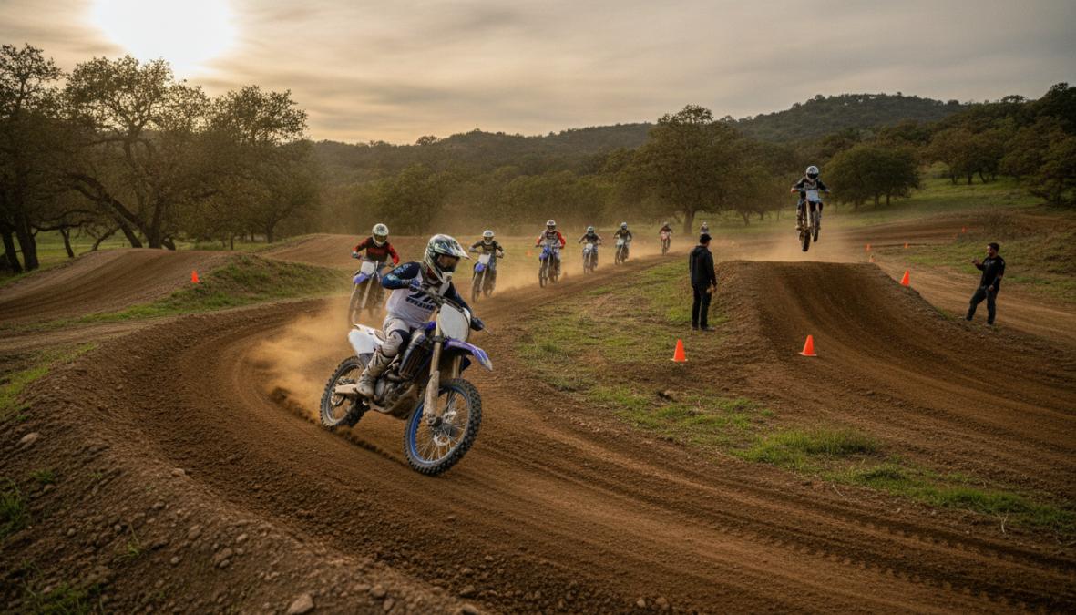 Young motocross rider on dirt bike practicing body positioning and throttle control on closed course training ground, leaning into turn with proper form, afternoon sunlight casting shadows across track