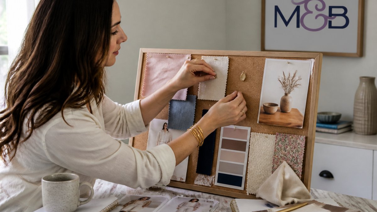 A woman arranging fabric swatches, magazine clippings, and a small enamel stud earring on a cork mood board in a bright home office