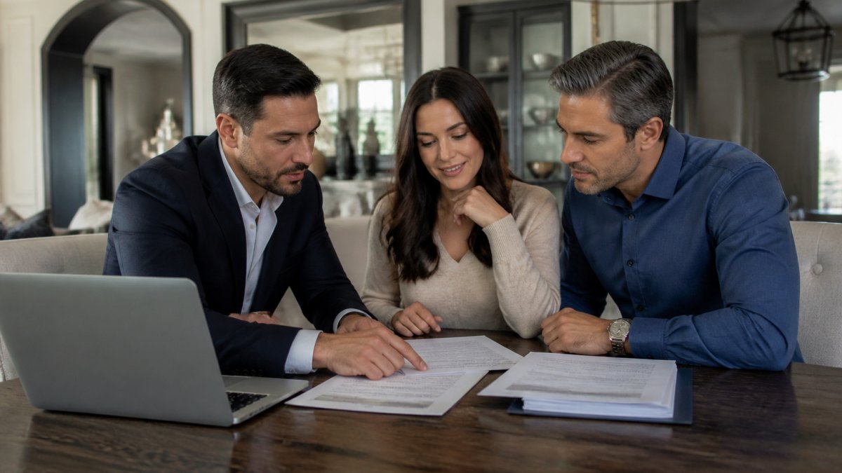 A real estate agent and a couple reviewing closing documents at a polished dining table in an upscale home, with a laptop and paper files spread out