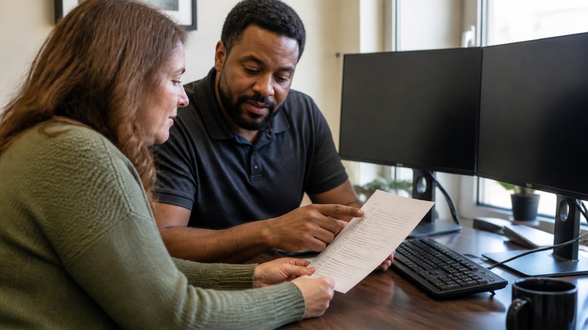A nonprofit operations director and an IT technician reviewing a printed maintenance checklist together at a desk with two monitors showing system dashboards