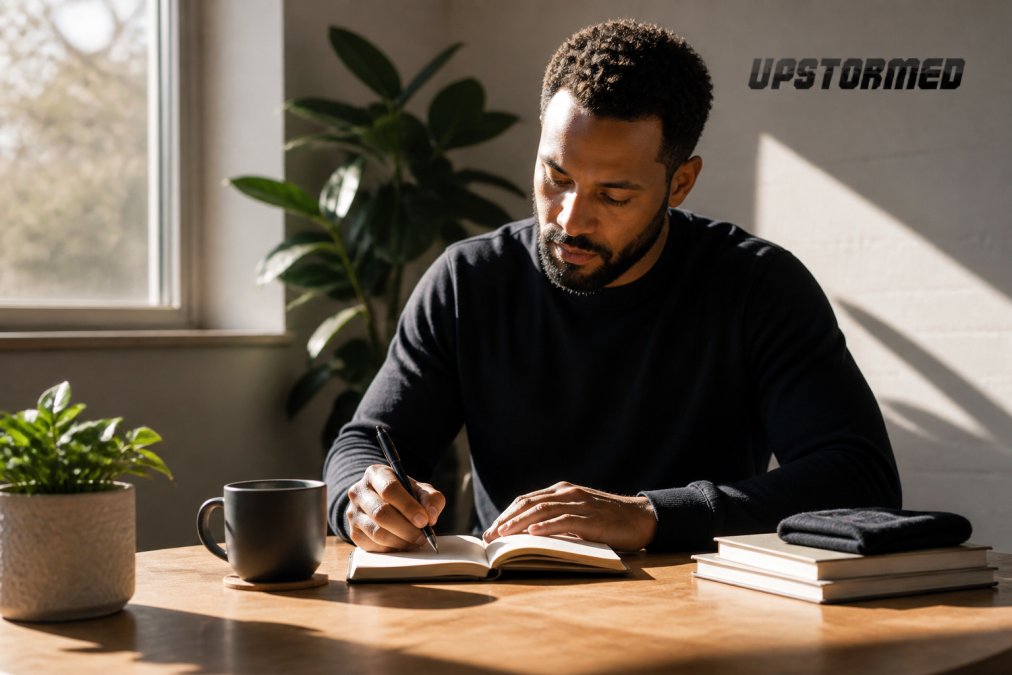 A person sitting at a tidy desk in soft morning light, writing in a small notebook with a cup of coffee nearby, calm and focused expression