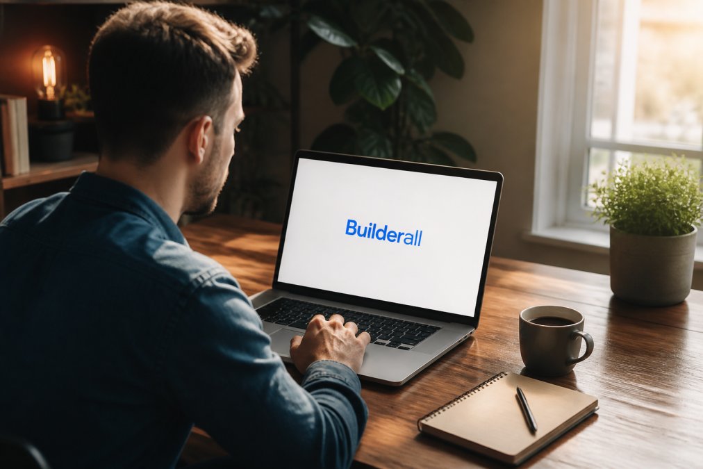How to Build Sales Funnels Without Coding Solo entrepreneur working at a clean desk with a laptop showing a colorful drag-and-drop funnel builder interface, coffee cup and notebook nearby, warm natural light