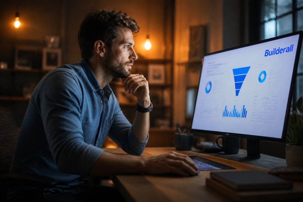 How to Build Sales Funnels Without Coding Small business owner reviewing conversion analytics on a large monitor in a modern home office, focused expression, marketing performance data visible on screen in background