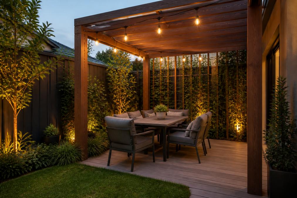 Compact backyard entertaining area with timber pergola overhead, warm string lights draped between posts, weatherproof outdoor seating at a small table, and a vertical trellis with climbing plants providing privacy, photographed during early evening with soft ambient lighting