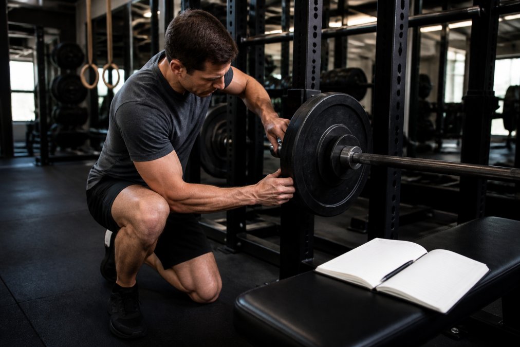 A focused athlete in a gym adding small weight plates to a barbell, training log and pen on a nearby bench, warm overhead lighting