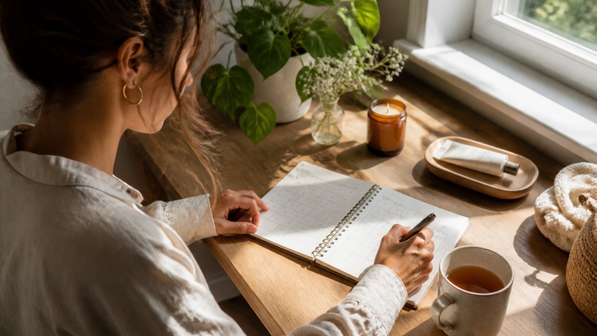 Person at a minimalist desk writing in a habit tracker notebook with a warm cup of tea, wellness items like a candle and plant visible, natural morning light streaming through a window