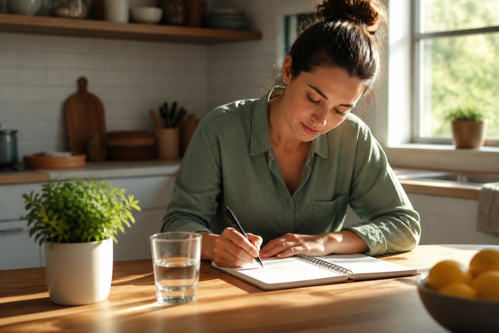 A person writing a checklist on a notepad at their kitchen counter with a glass of water and a small plant nearby, morning light coming through the window