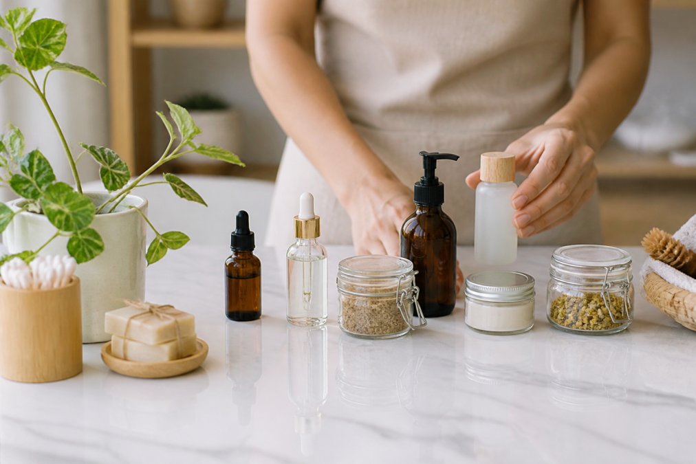 Hands arranging sustainable skincare products with minimal packaging, glass bottles, refillable containers, and natural ingredient jars on a clean, bright surface