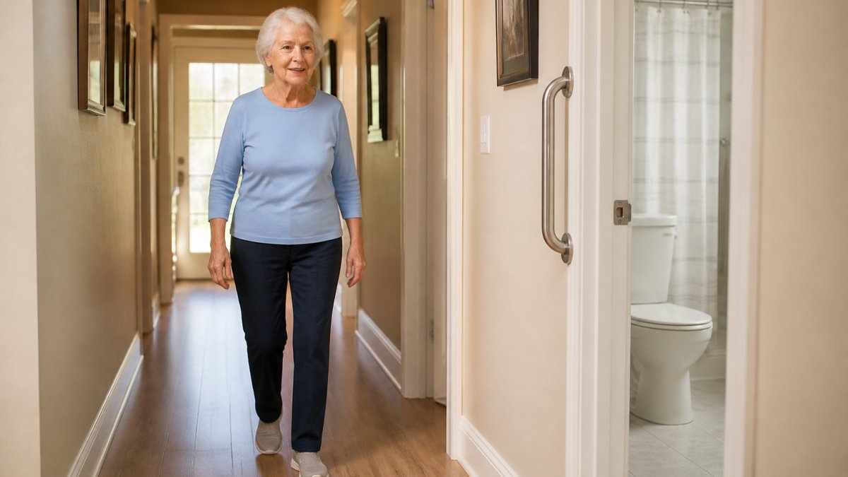 Older adult walking safely down a clear, well-lit hallway with a grab bar installed as part of a home maintenance plan.