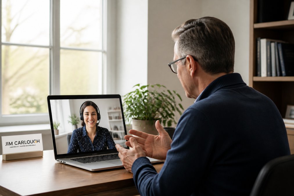 A manager and a remote employee on a video call, both smiling and engaged, with natural light from a window illuminating the home office setting