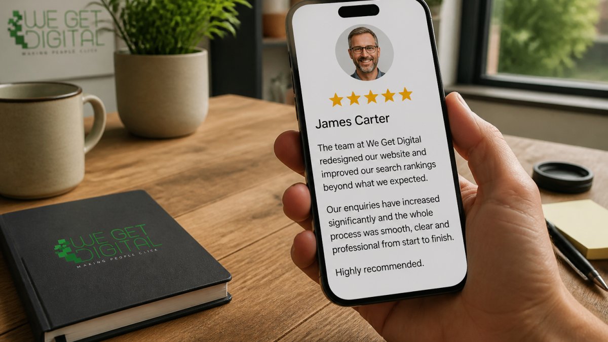 smartphone screen displaying a detailed customer review with name, profile photo, five-star rating, and specific feedback about service quality