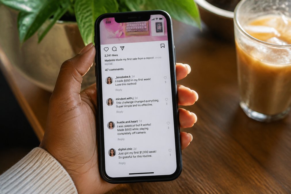 Smartphone screen showing an Instagram post with 47 comments from real users sharing their results, 2,341 likes, and user-generated content reposted in Stories with testimonials visible, warm natural light reflecting off screen