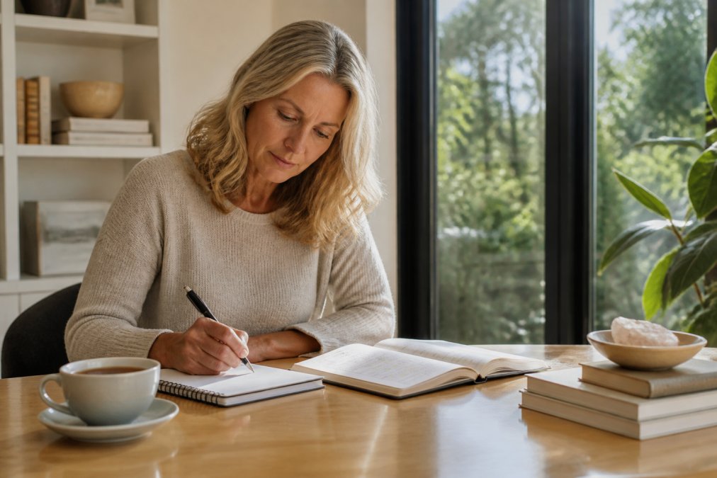 Woman in her 50s sitting at a desk with a wellness journal, notepad, and cup of tea, reviewing energy patterns and writing notes about her daily routine in natural morning light