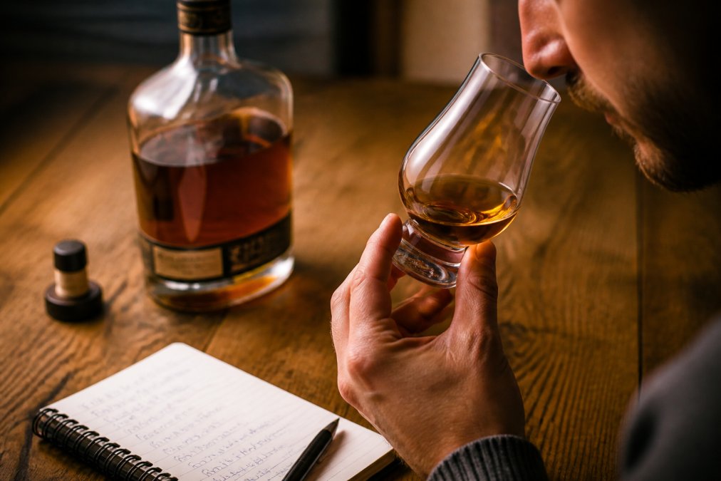 Close-up of a hand holding a Glencairn tasting glass near the nose, with a bottle of bourbon and handwritten tasting notes on a wooden table in warm, soft lighting