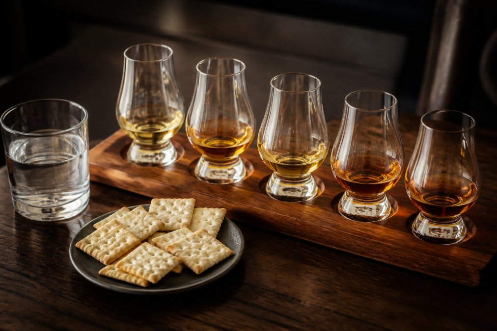 A flight of five Glencairn glasses arranged in sequence on a wooden tasting board, each containing whiskey of varying colors, with a small water glass and unsalted crackers nearby on a dark surface