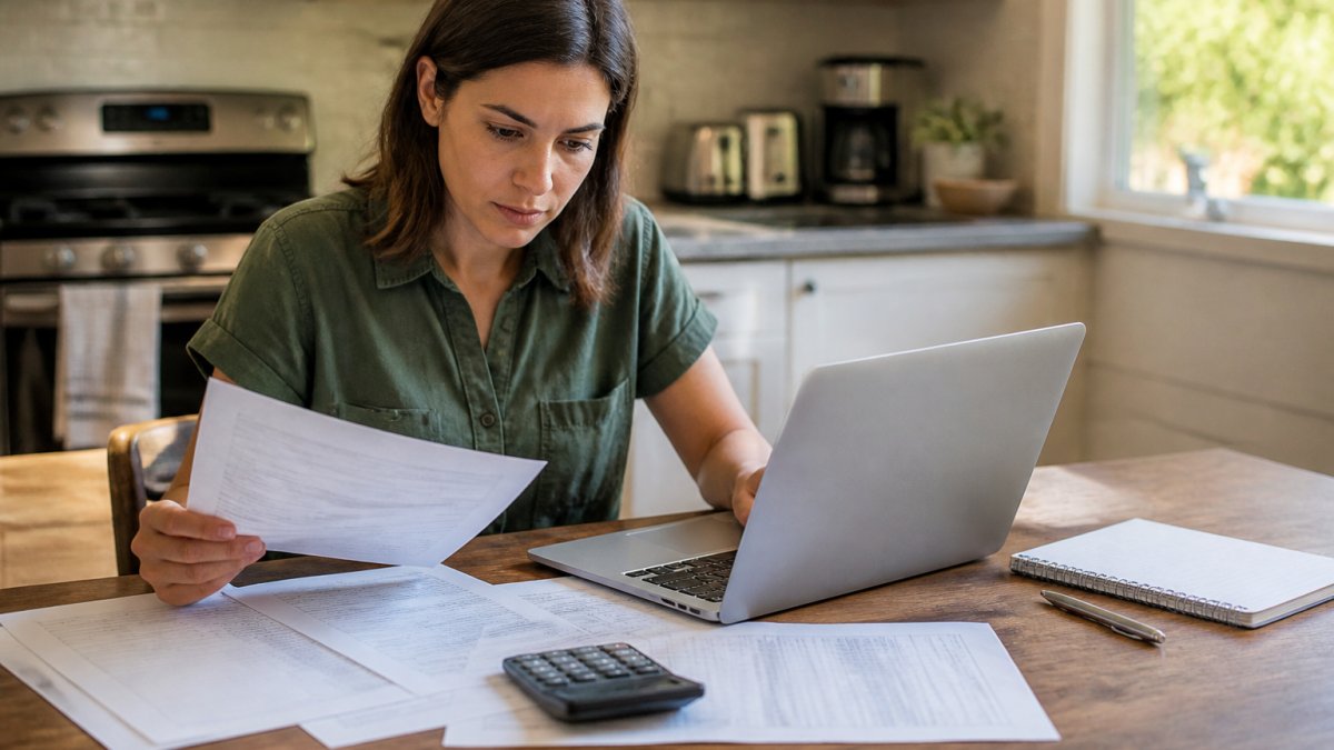 Person sitting at kitchen table with laptop, insurance documents, and calculator spread out, reviewing bundled insurance quotes with natural afternoon lighting from window