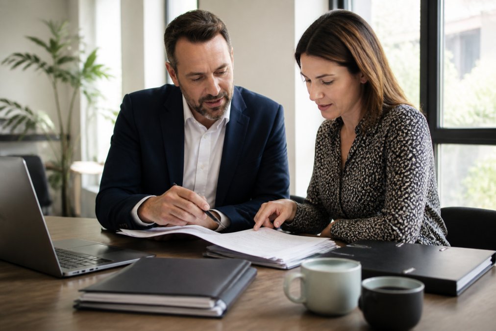 Business owner and insurance agent reviewing documents to bundle business insurance at a bright office desk
