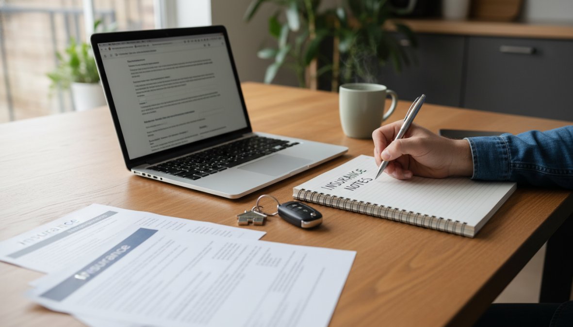 A person sitting at a kitchen table with a laptop open, reviewing insurance documents and taking notes on a notepad, with a house key and car key visible nearby, warm afternoon light coming through the window