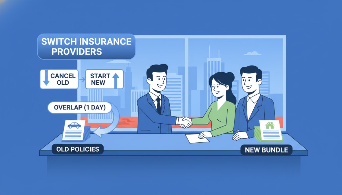 A friendly insurance agent in a professional office shaking hands with a couple across a desk, policy documents visible on the table, bright Las Vegas office setting with natural light