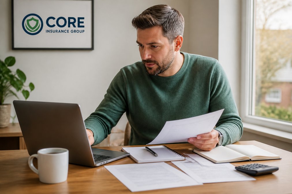 Homeowner sitting at a desk with insurance documents spread out, reviewing policy details on a laptop with a cup of coffee nearby, natural afternoon light from window