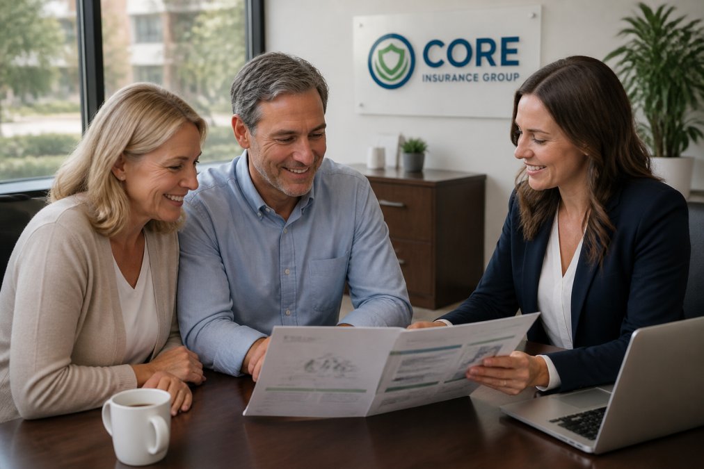 Insurance agent meeting with a middle-aged couple in a professional office setting, reviewing bundled policy documents together at a desk with a laptop and coffee, natural office lighting