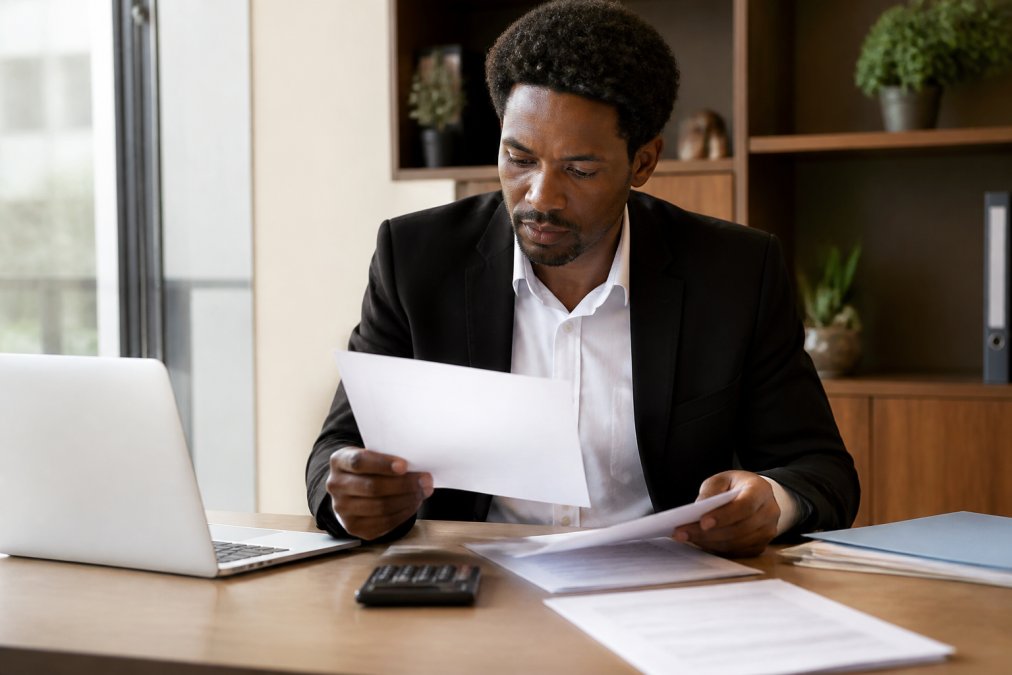 Professional reviewing loan documents and financial paperwork at a desk with a laptop and calculator nearby, natural office lighting