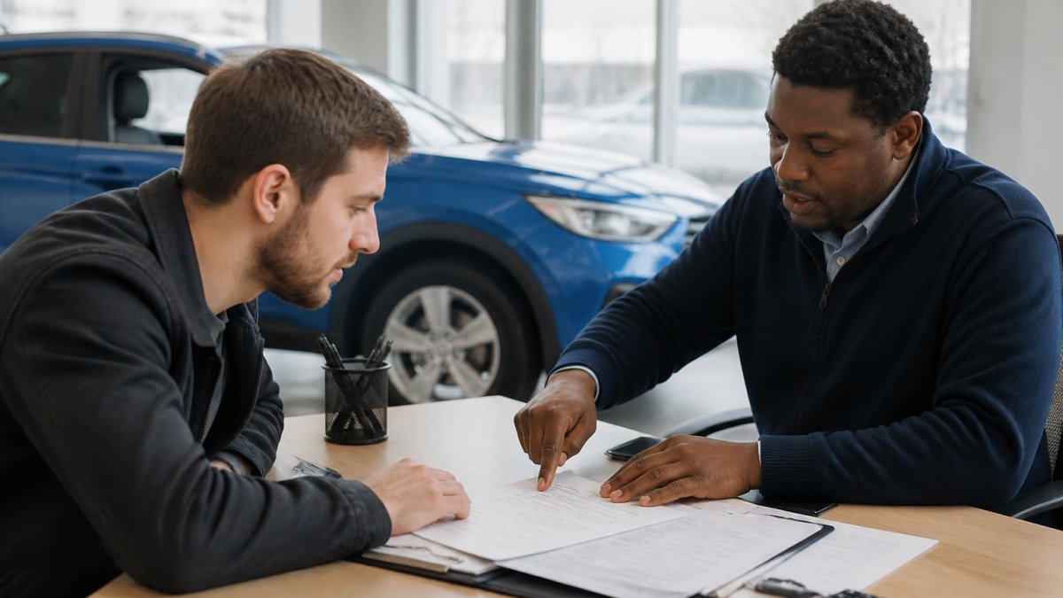 Professional loan officer sitting at desk with first-time car buyer, reviewing auto loan documents and paperwork together in a welcoming dealership office with natural lighting