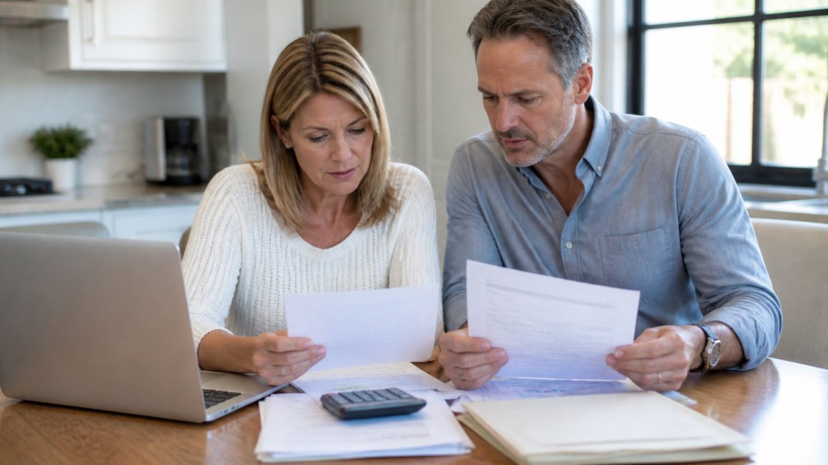 A couple reviewing condo association documents at a kitchen table with a laptop and calculator, natural light coming through a window