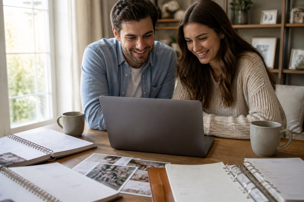 Engaged couple sitting at a desk together, laptop open displaying a wedding planning spreadsheet, notebooks and coffee cups nearby, natural window lighting