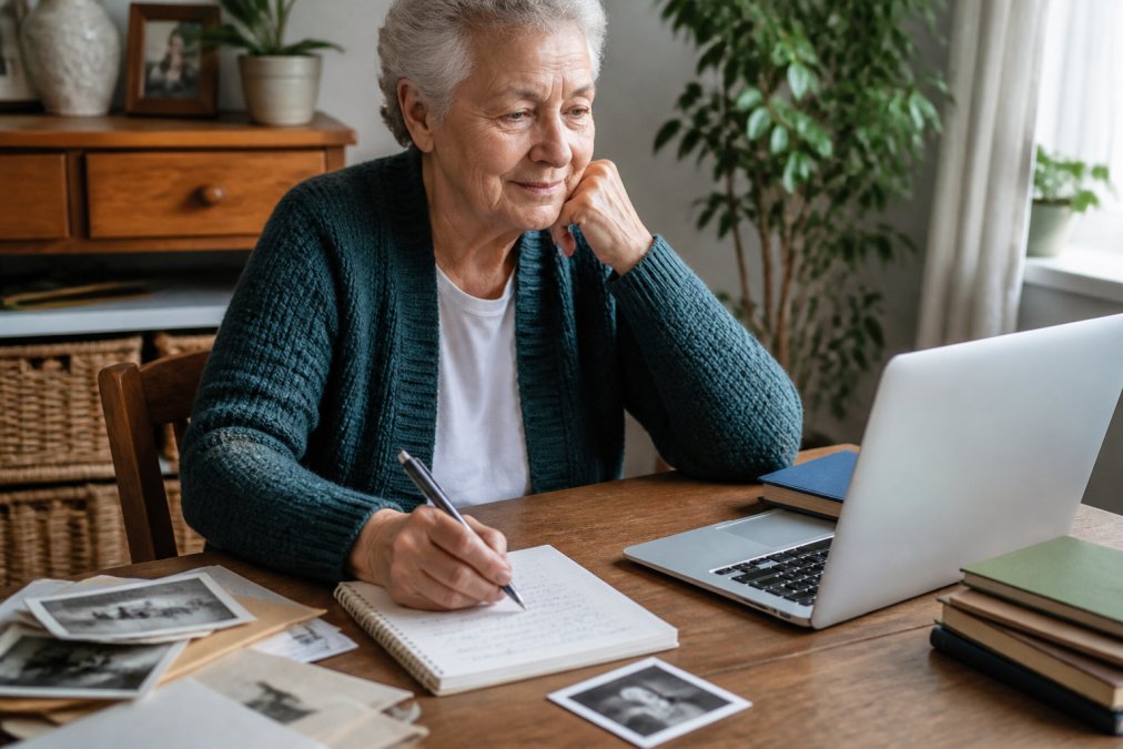 An older adult seated at a wooden desk with a laptop and handwritten notebook, thoughtfully gazing at the screen with a warm, reflective expression while holding a pen