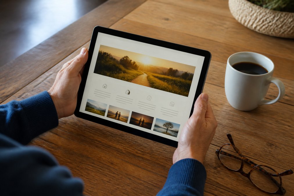 A pair of hands holding a tablet displaying a course enrollment page, with reading glasses and a warm cup of coffee on a wooden table beside it