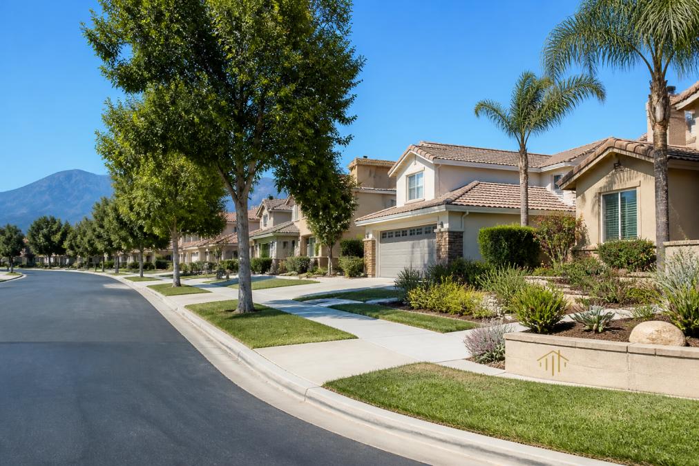 Scenic residential street in a Ventura County neighborhood with modern homes, mature trees, and a clear blue sky