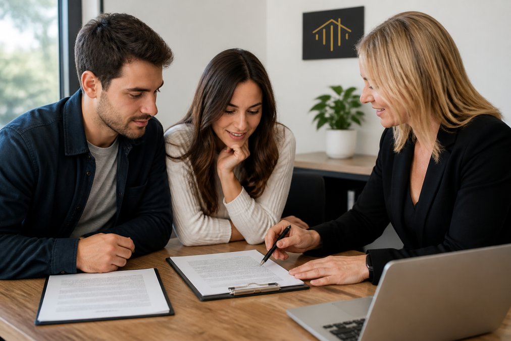 First-time homebuyer couple reviewing a purchase agreement with a real estate agent at a table with documents and a laptop, natural office lighting