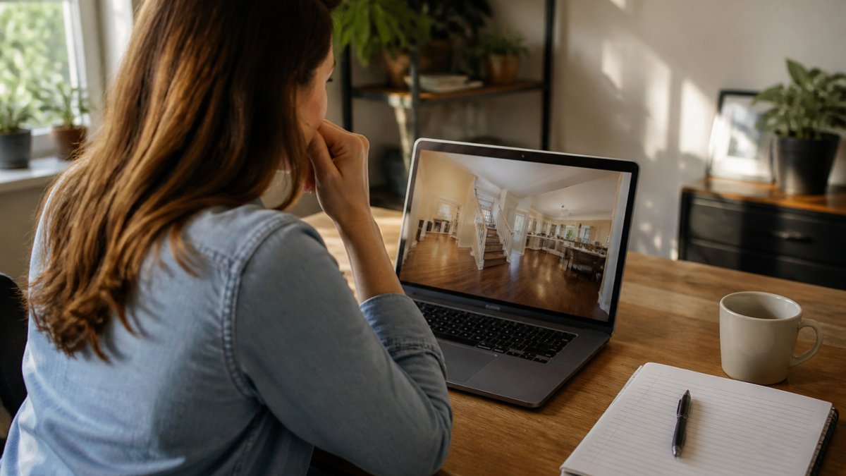 Buyer using a checklist while viewing a virtual property tour on a laptop when buying home remotely