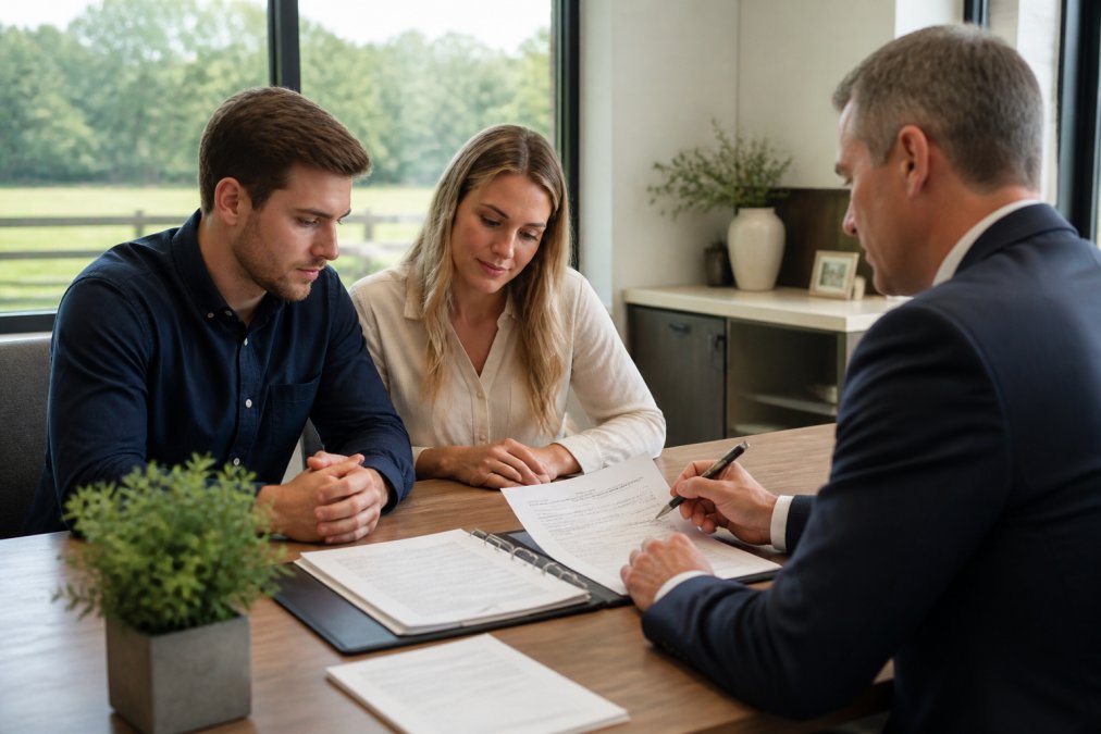 First-time homebuyer meeting with mortgage lender at desk reviewing USDA loan documents and eligibility requirements in professional office setting with natural window lighting
